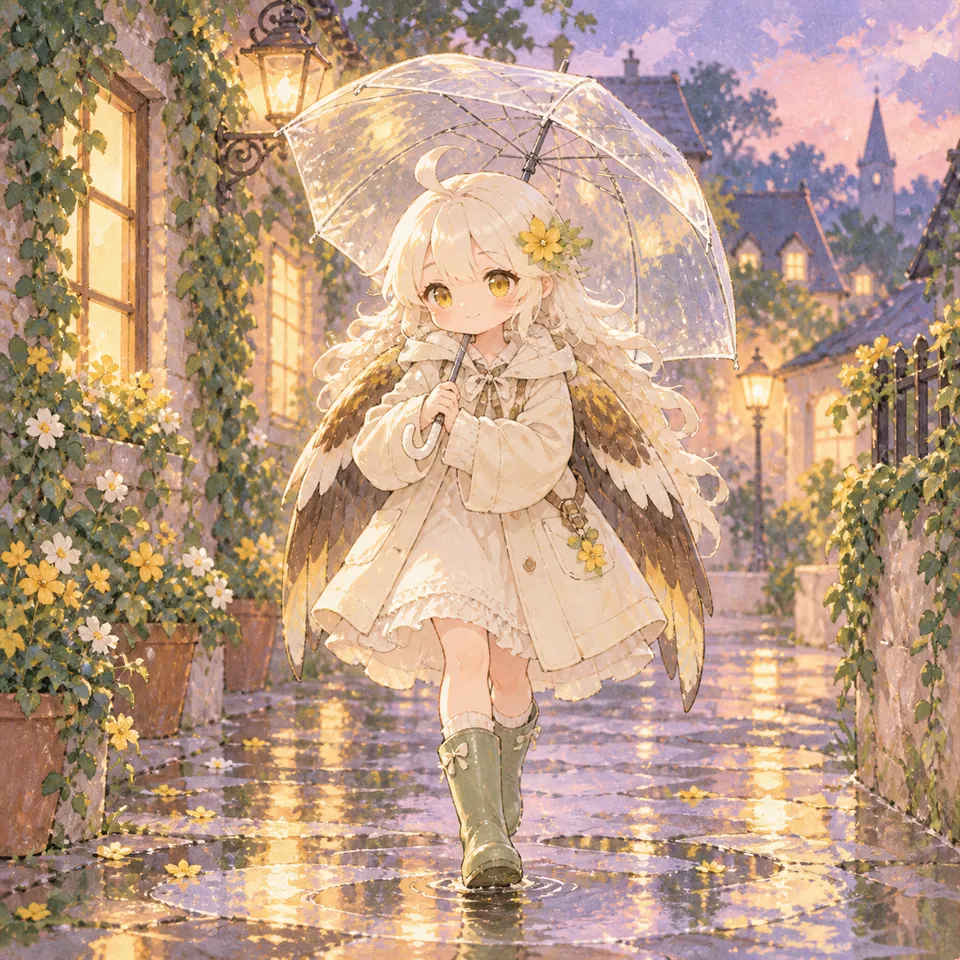 娘化白头海雕女孩撑伞走过雨后花巷