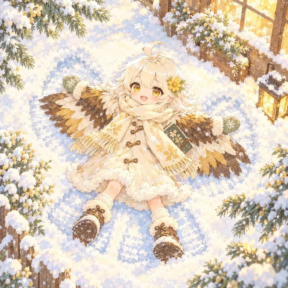娘化白头海雕女孩在初雪里开心留下雪天记号